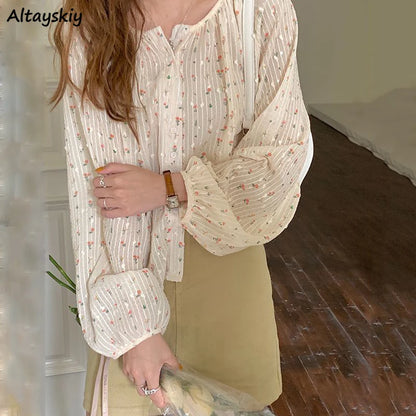 Women Blouses Floral Single Breasted O-neck Chiffon Patchwork Sweet Tender Elegant Lantern Sleeve Ulzzang Fairy Retro Shirts New