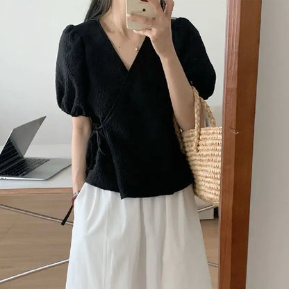 Blouses Women Summer Korean Style V-neck Design Simple Puff Sleeve Leisure Lace-up All-match Vintage Elegant Daily Trendy Tops