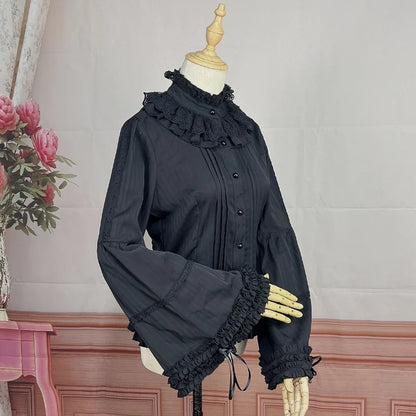 Gothic Lolita Style Blouses Women Vintage Elegant Ruffles Turtleneck Long Sleeve Tops Girls Kawaii Y2k Slim Shirts Black White