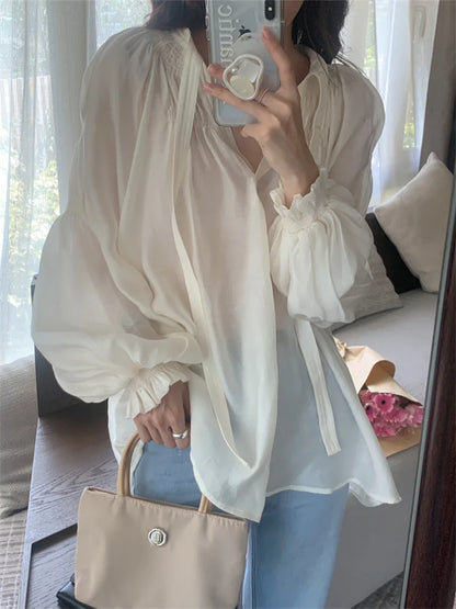 Alien Kitty Spring Blouses Sweet OL Women Chic Fashion 2023 Fairy Elegant V-Neck Gentle New Casual Office Lady High Street