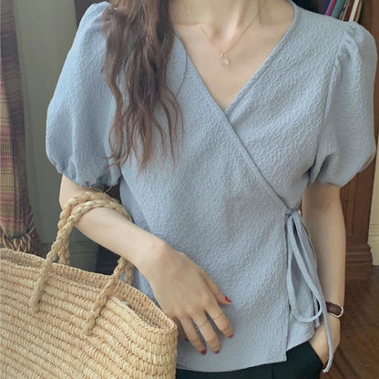 Blouses Women Summer Korean Style V-neck Design Simple Puff Sleeve Leisure Lace-up All-match Vintage Elegant Daily Trendy Tops