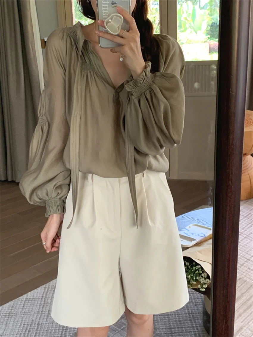 Alien Kitty Spring Blouses Sweet OL Women Chic Fashion 2023 Fairy Elegant V-Neck Gentle New Casual Office Lady High Street