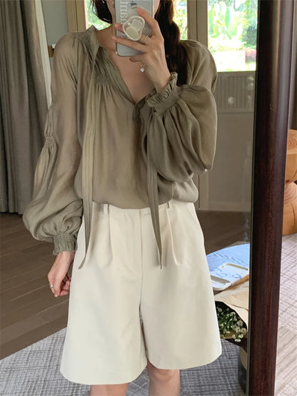 Alien Kitty Spring Blouses Sweet OL Women Chic Fashion 2023 Fairy Elegant V-Neck Gentle New Casual Office Lady High Street