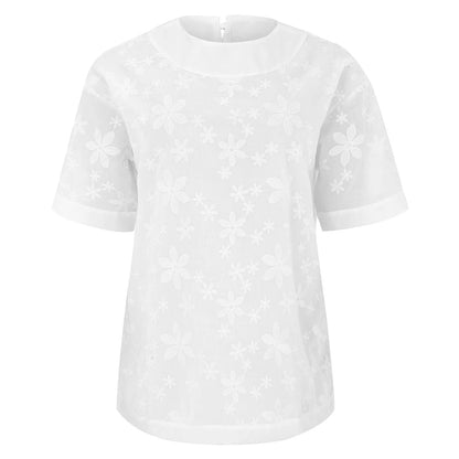 Summer Cotton Linen Lace Patchwork Women Shirts Summer New Elegant White Half Sleeve Loose Casual Streetwear Basic Tops Blouses