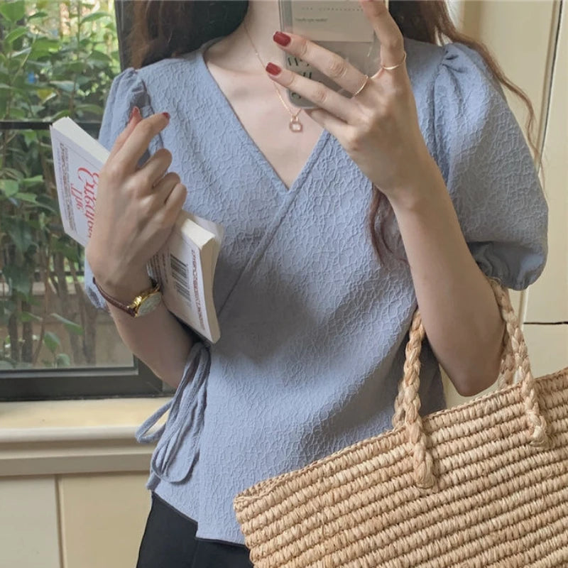 Blouses Women Summer Korean Style V-neck Design Simple Puff Sleeve Leisure Lace-up All-match Vintage Elegant Daily Trendy Tops