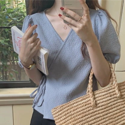 Blouses Women Summer Korean Style V-neck Design Simple Puff Sleeve Leisure Lace-up All-match Vintage Elegant Daily Trendy Tops