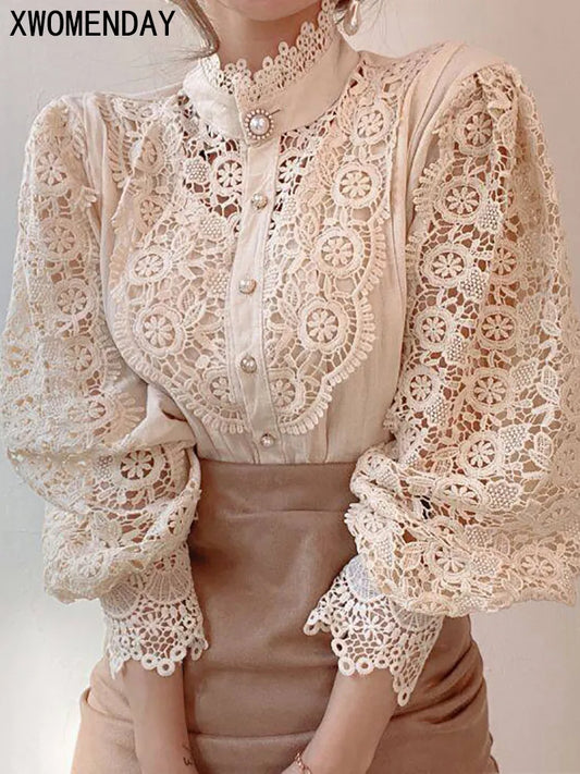 Versatile Super Elegant Women Floral Lace Fluffy Long Sleeve Blouse