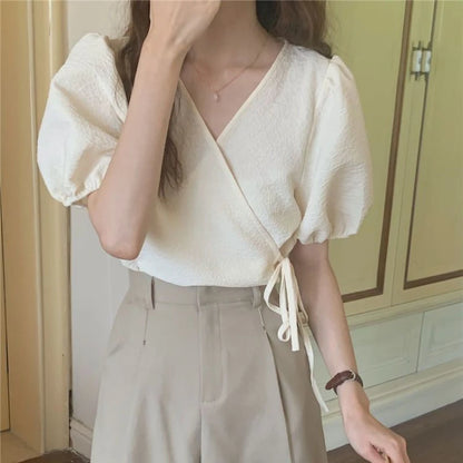 Blouses Women Summer Korean Style V-neck Design Simple Puff Sleeve Leisure Lace-up All-match Vintage Elegant Daily Trendy Tops